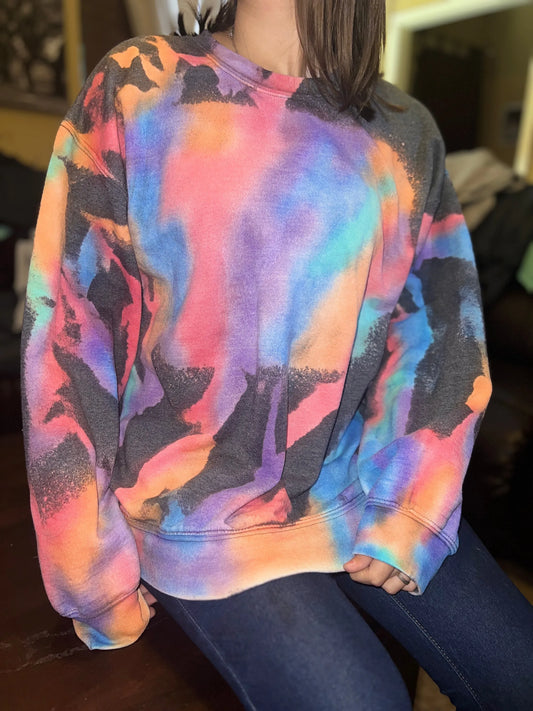 Unisex Reverse Tie Dye Sweatshirt - Watercolor Dreams Crewneck - Multicolor Design