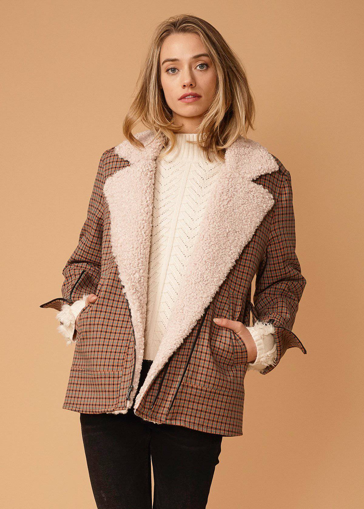 Women's Asymmetrical Zip Coat - Peach Gingham Tencel Blend Jacket