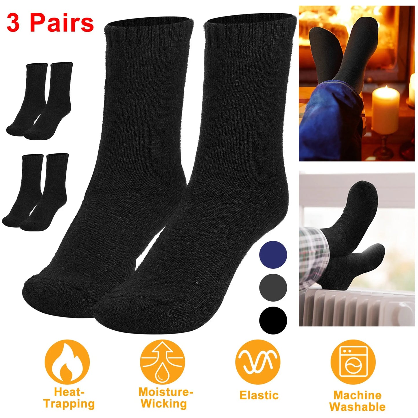 Men's Warm Wool Socks 3-Pack - Premium Thermal Winter Socks