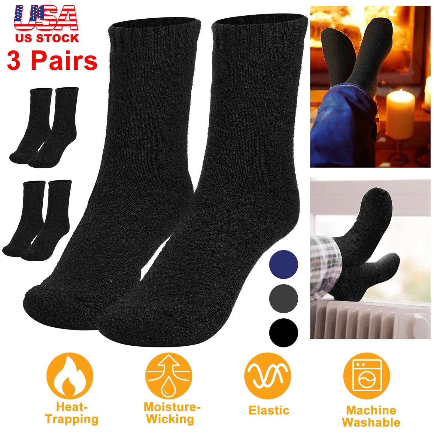 Men's Warm Wool Socks 3-Pack - Premium Thermal Winter Socks