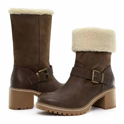 Women's Sherpa Cuff Ankle Boots - Chunky Heel Winter Boots with Buckle
