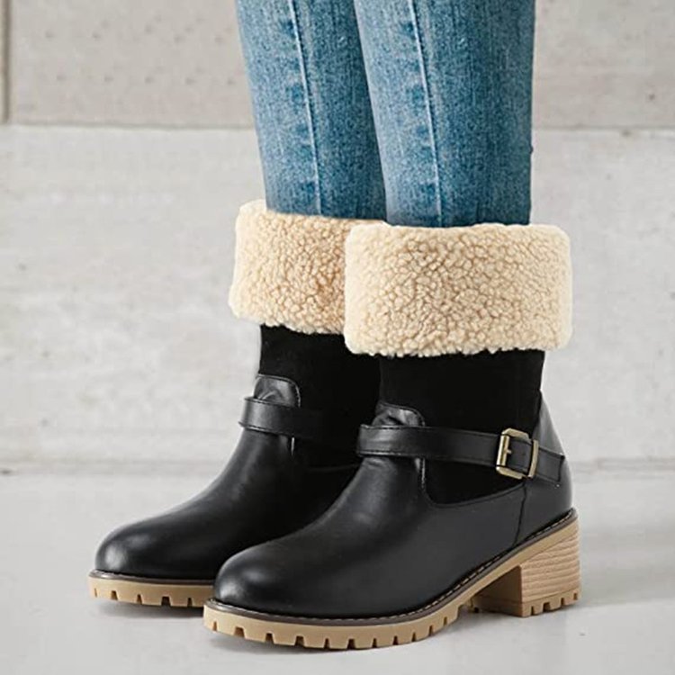 Women's Sherpa Cuff Ankle Boots - Chunky Heel Winter Boots with Buckle