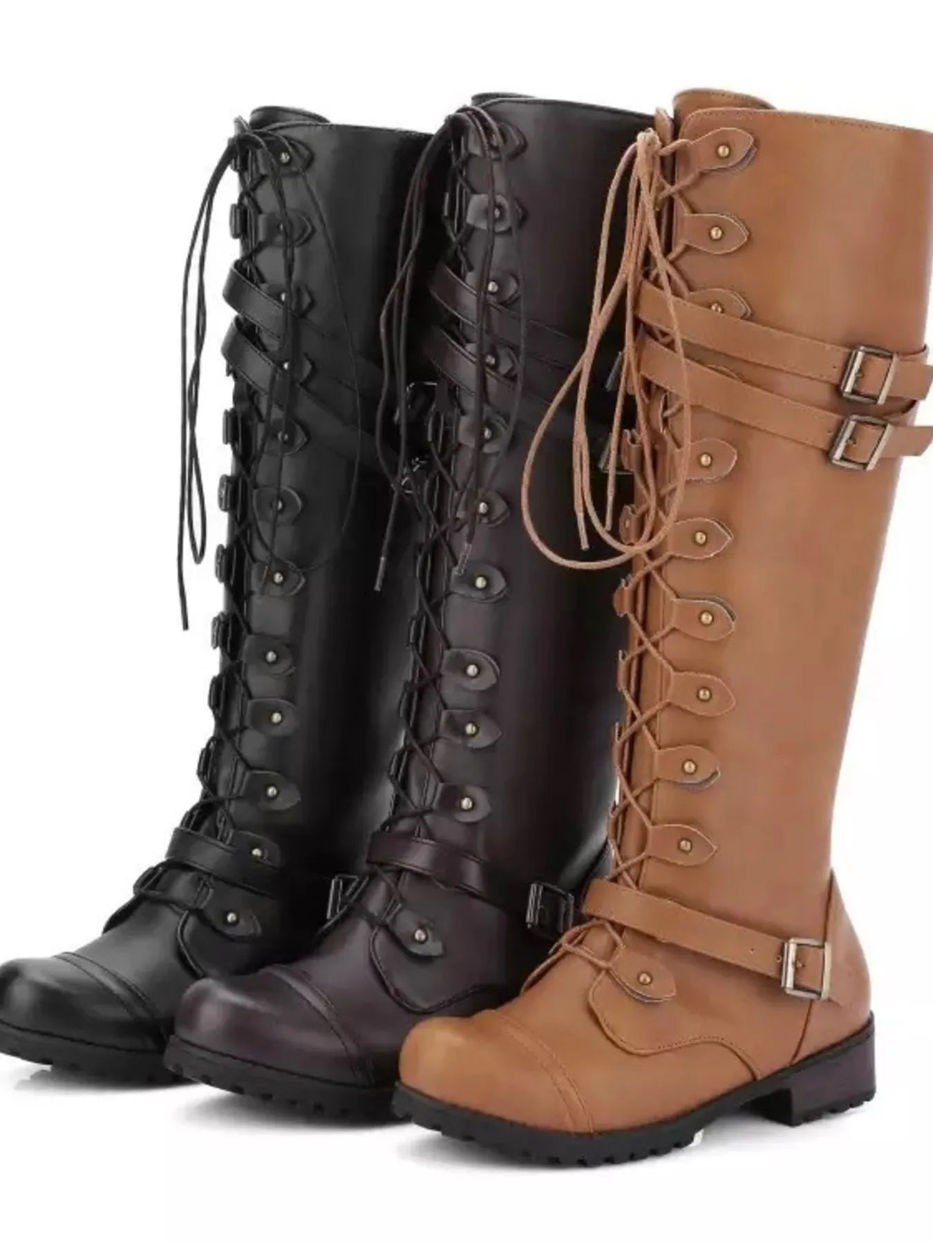 Women's Lace-Up Combat Boots - Buckle Strap Detail | Edgy Fashion Boots