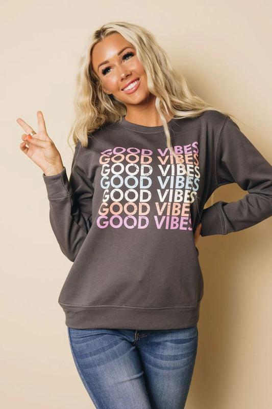 Women's Good Vibes Graphic Sweatshirt - Retro Typography Crewneck - Cotton Poly Blend