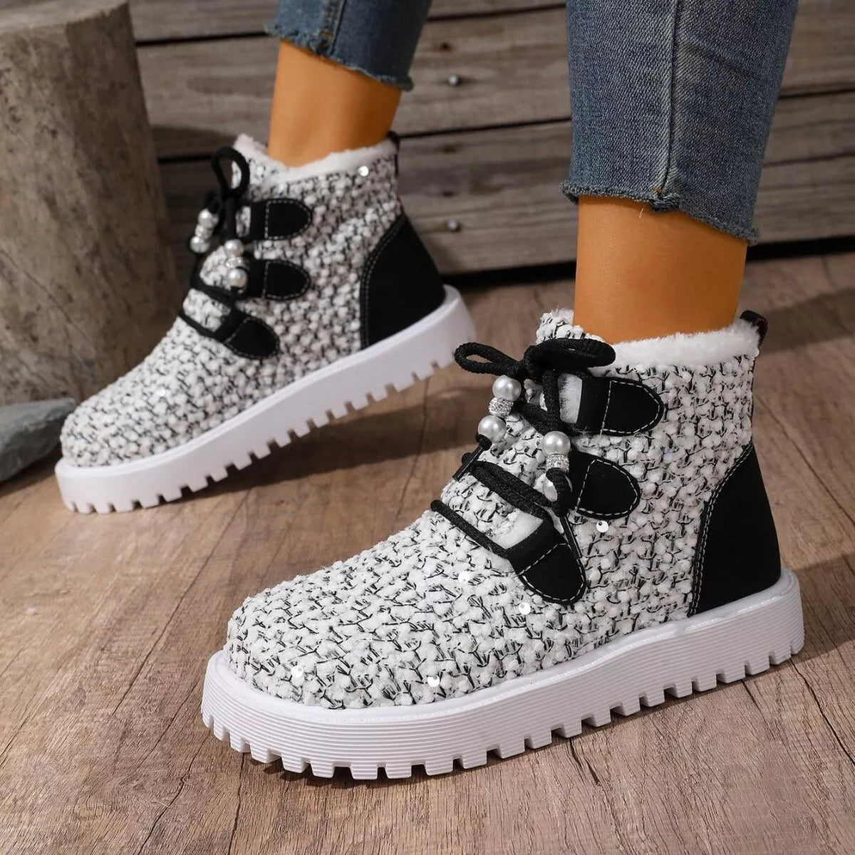 Women's Sparkling Studded Ankle Boots - Lace-Up Suede Winter Boots