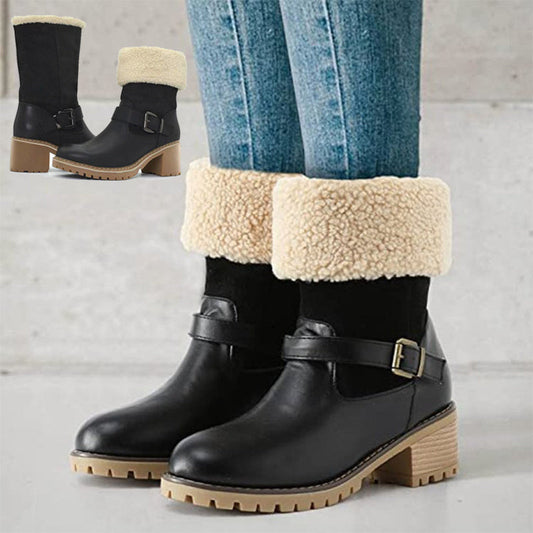 Women's Sherpa Cuff Ankle Boots - Chunky Heel Winter Boots with Buckle