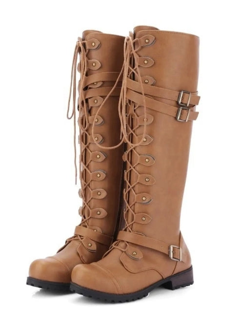 Women's Lace-Up Combat Boots - Buckle Strap Detail | Edgy Fashion Boots