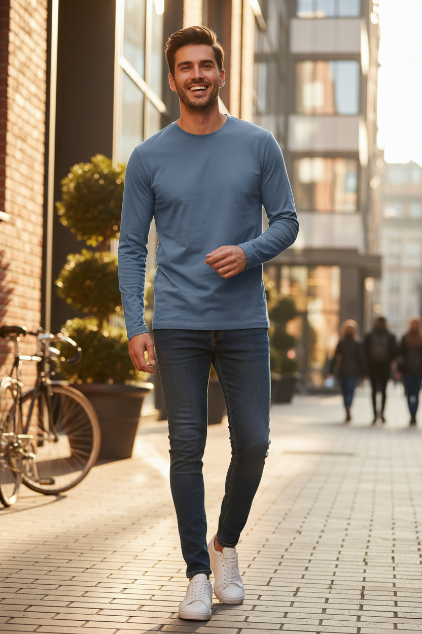 ASJP Men's 100% Cotton Long Sleeve Shirt | Breathable Casual Crew Neck Top for Summer & Everyday Wear
