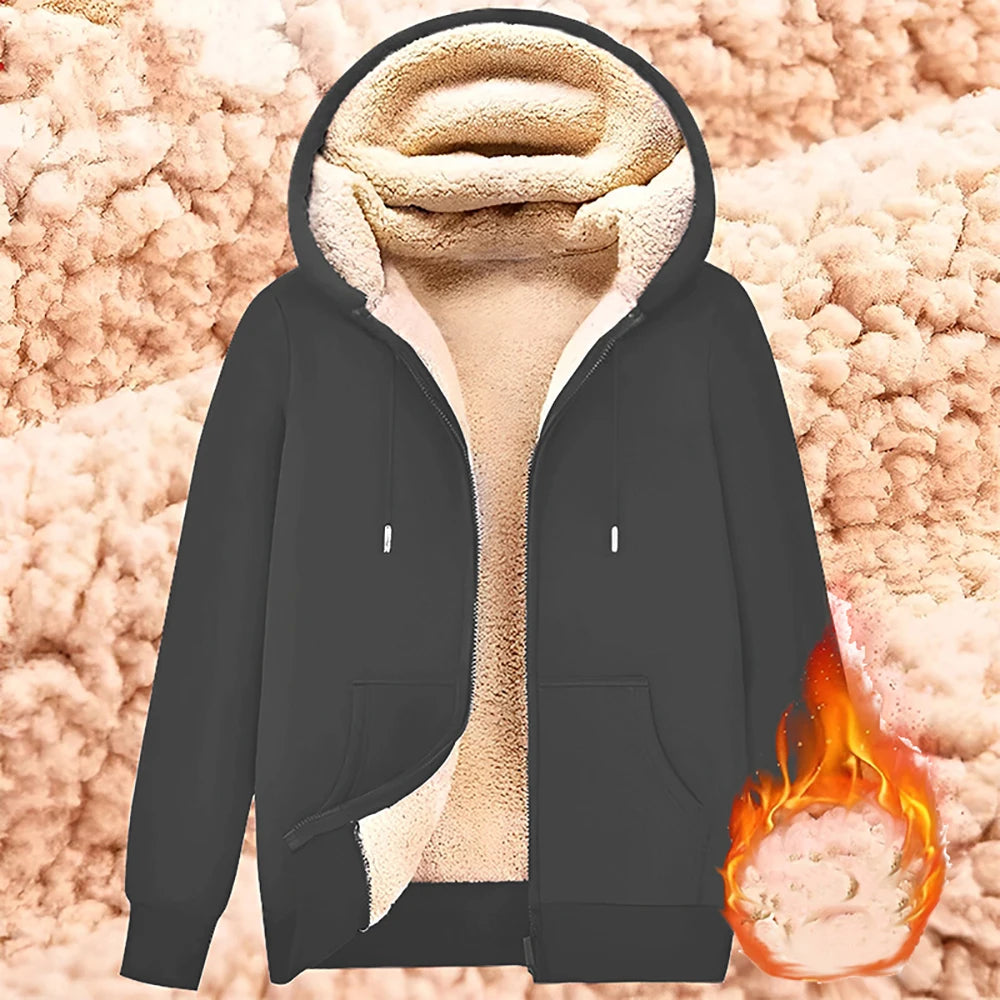 Men's Cashmere Plush Lined Sweatshirt Coat - Warm Zipper Lamb Wool Jacket with Front Pockets