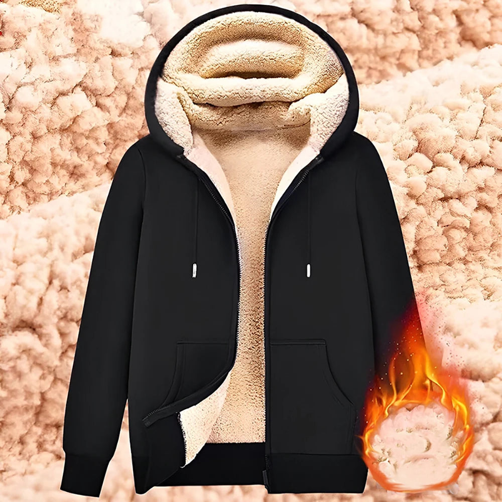 Men's Cashmere Plush Lined Sweatshirt Coat - Warm Zipper Lamb Wool Jacket with Front Pockets
