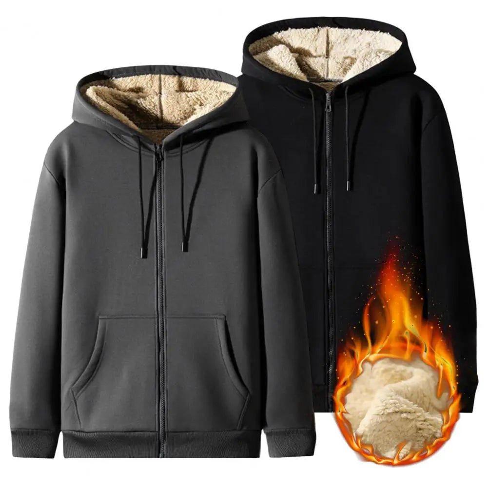 Men's Cashmere Plush Lined Sweatshirt Coat - Warm Zipper Lamb Wool Jacket with Front Pockets