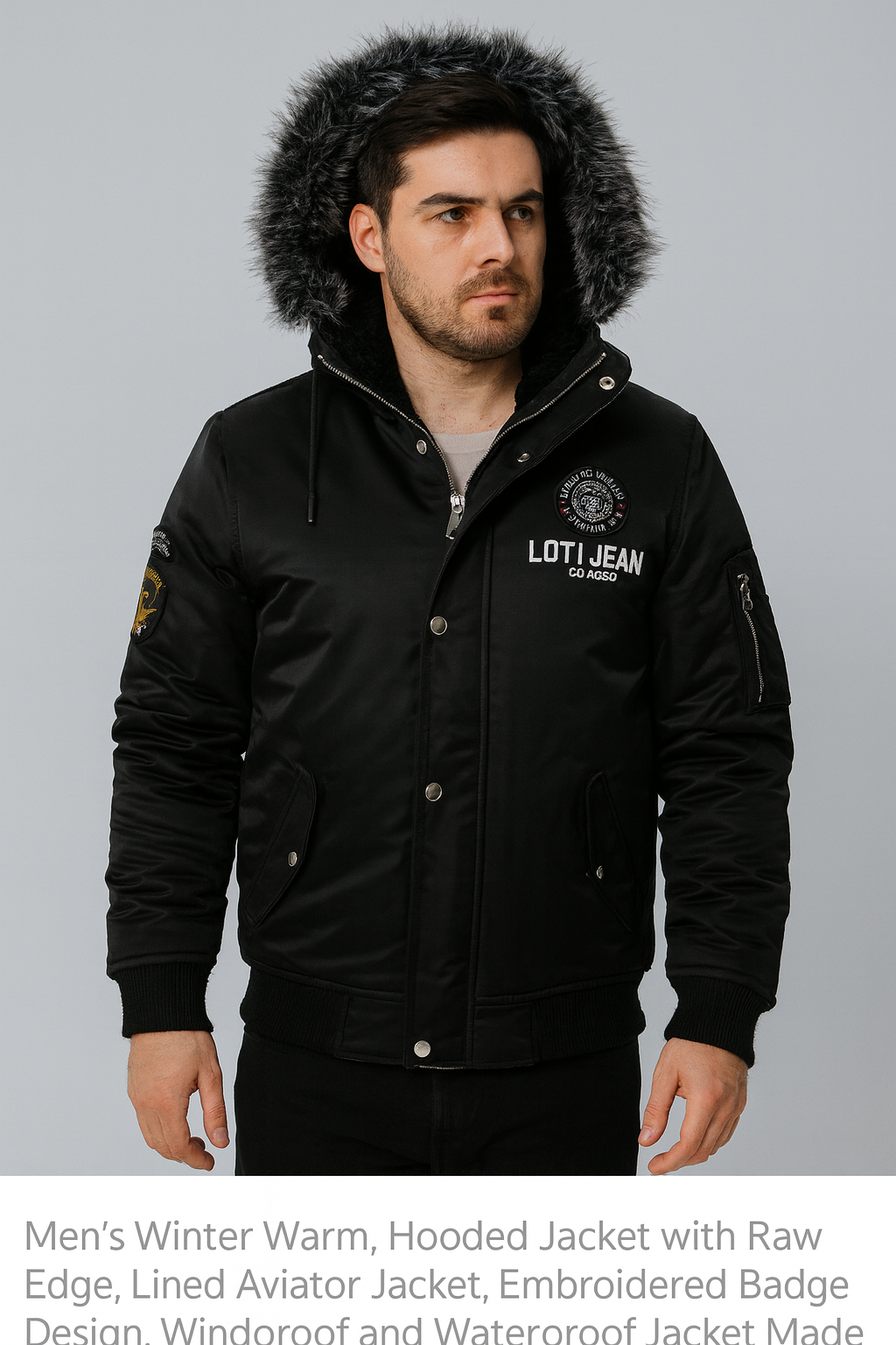 Men's Raw Edge Hooded Aviator Jacket - Winter Warmth with Embroidered Style.