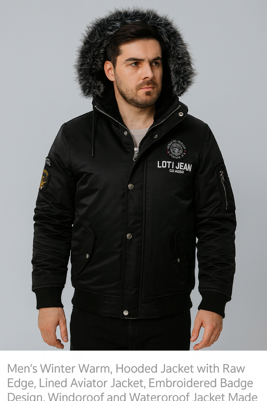 Men's Raw Edge Hooded Aviator Jacket - Winter Warmth with Embroidered Style.