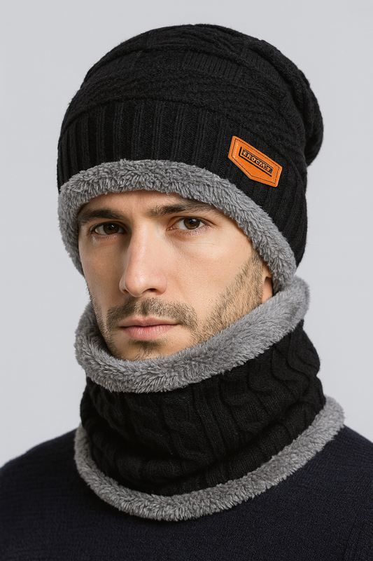 Unisex Winter Beanie and Scarf Set - Fleece Lined Knit Hat