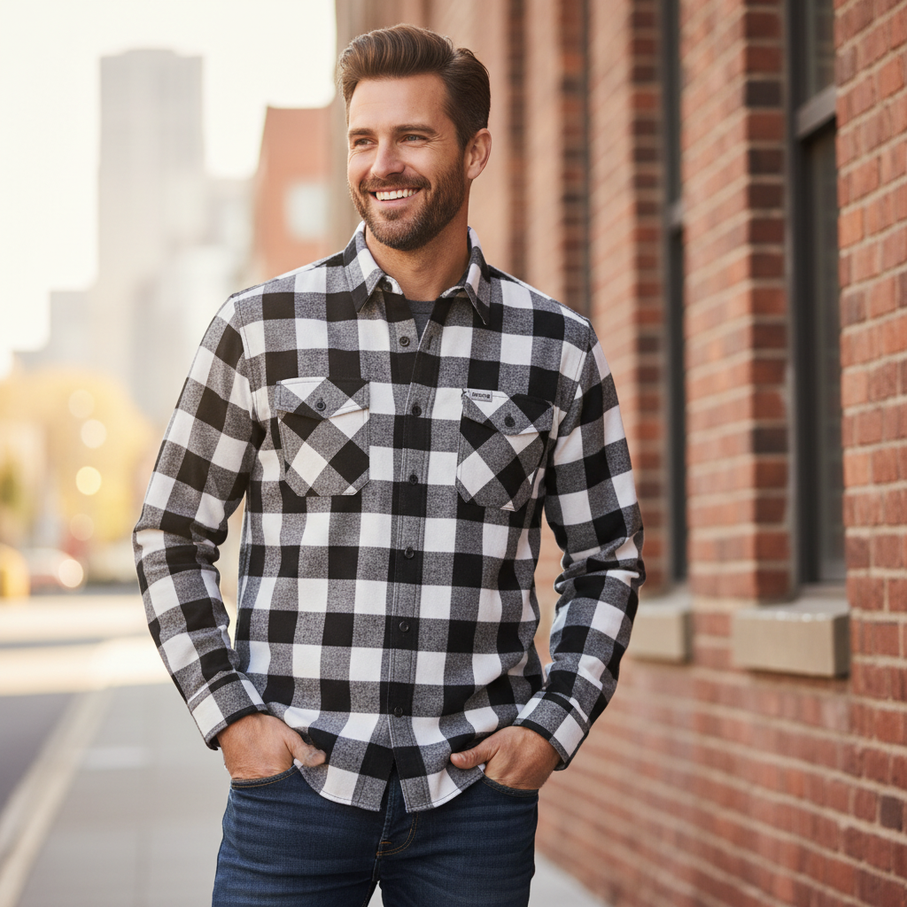 Derringer Men's Black & White Plaid Flannel Shirt | Rugged Button-Down, 100% Cotton, Sizes S–5XL