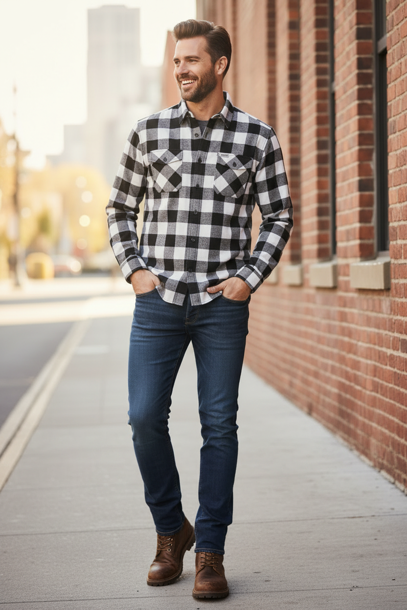 Derringer Men's Black & White Plaid Flannel Shirt | Rugged Button-Down, 100% Cotton, Sizes S–5XL