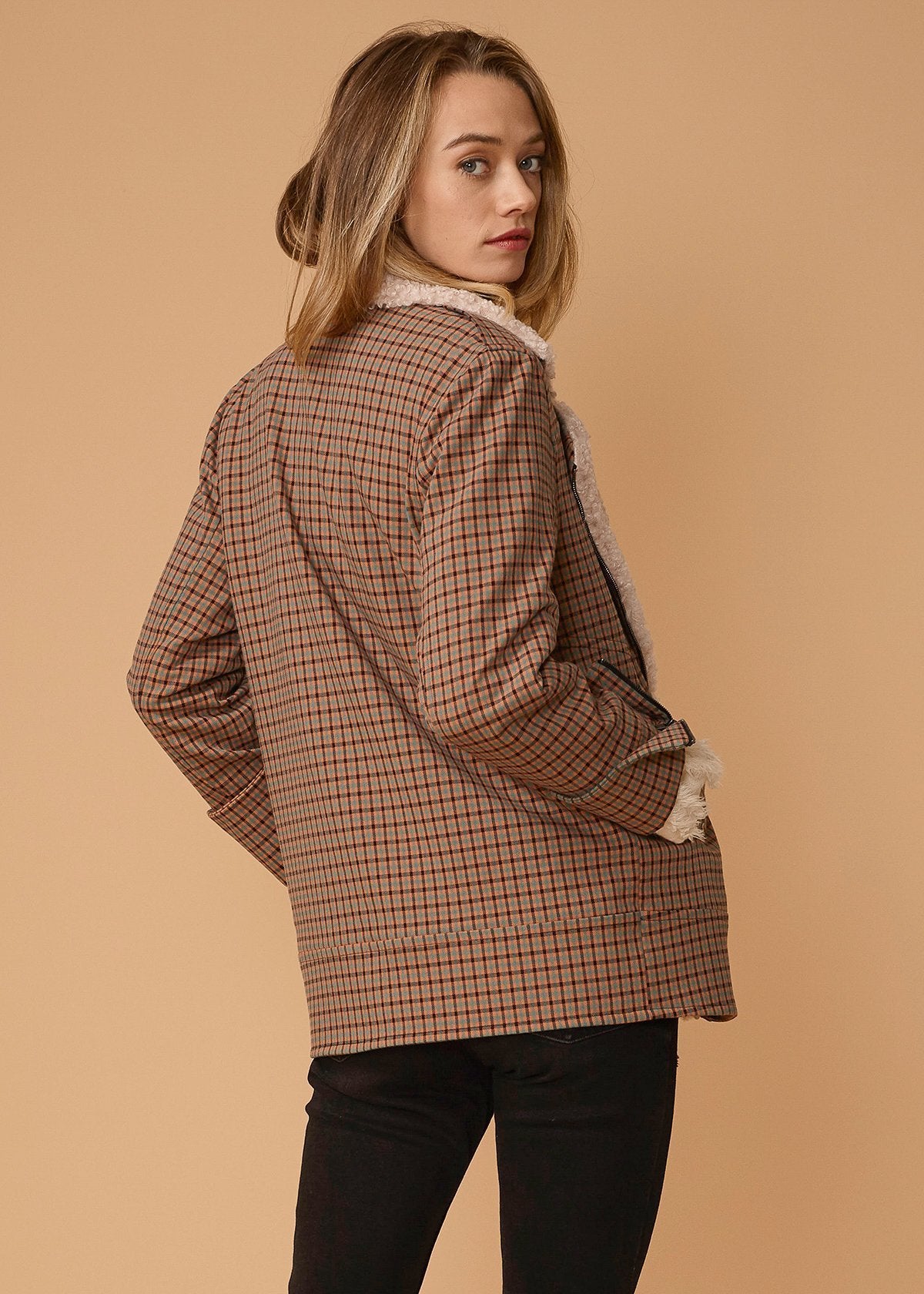 Women's Asymmetrical Zip Coat - Peach Gingham Tencel Blend Jacket