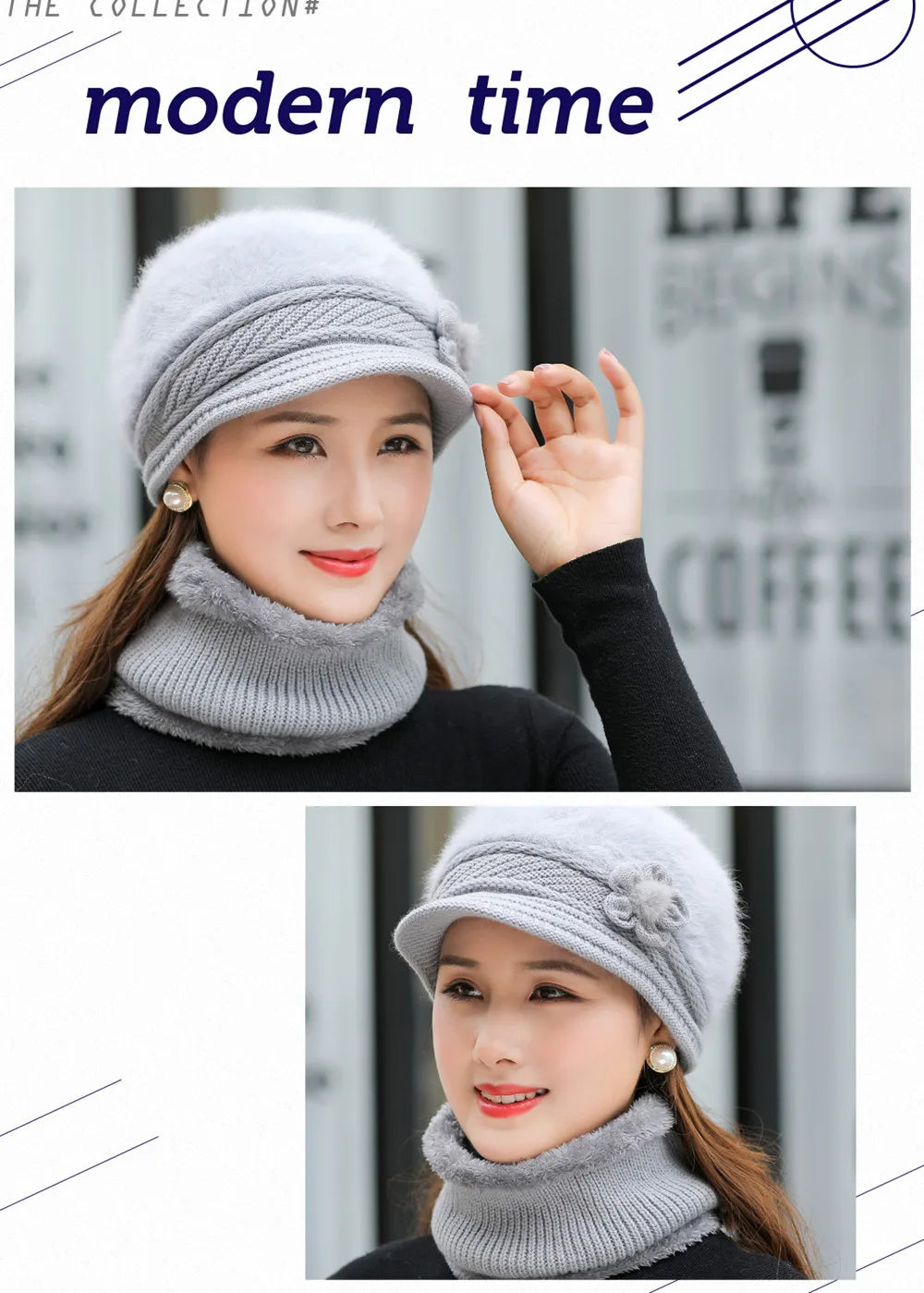Women's Knitted Winter Hat & Scarf Set - Faux Fur Lined with Flower Detail | Acrylic Warm Cap