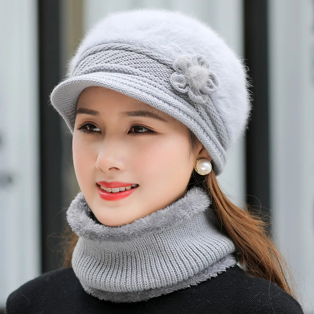 Women's Knitted Winter Hat & Scarf Set - Faux Fur Lined with Flower Detail | Acrylic Warm Cap