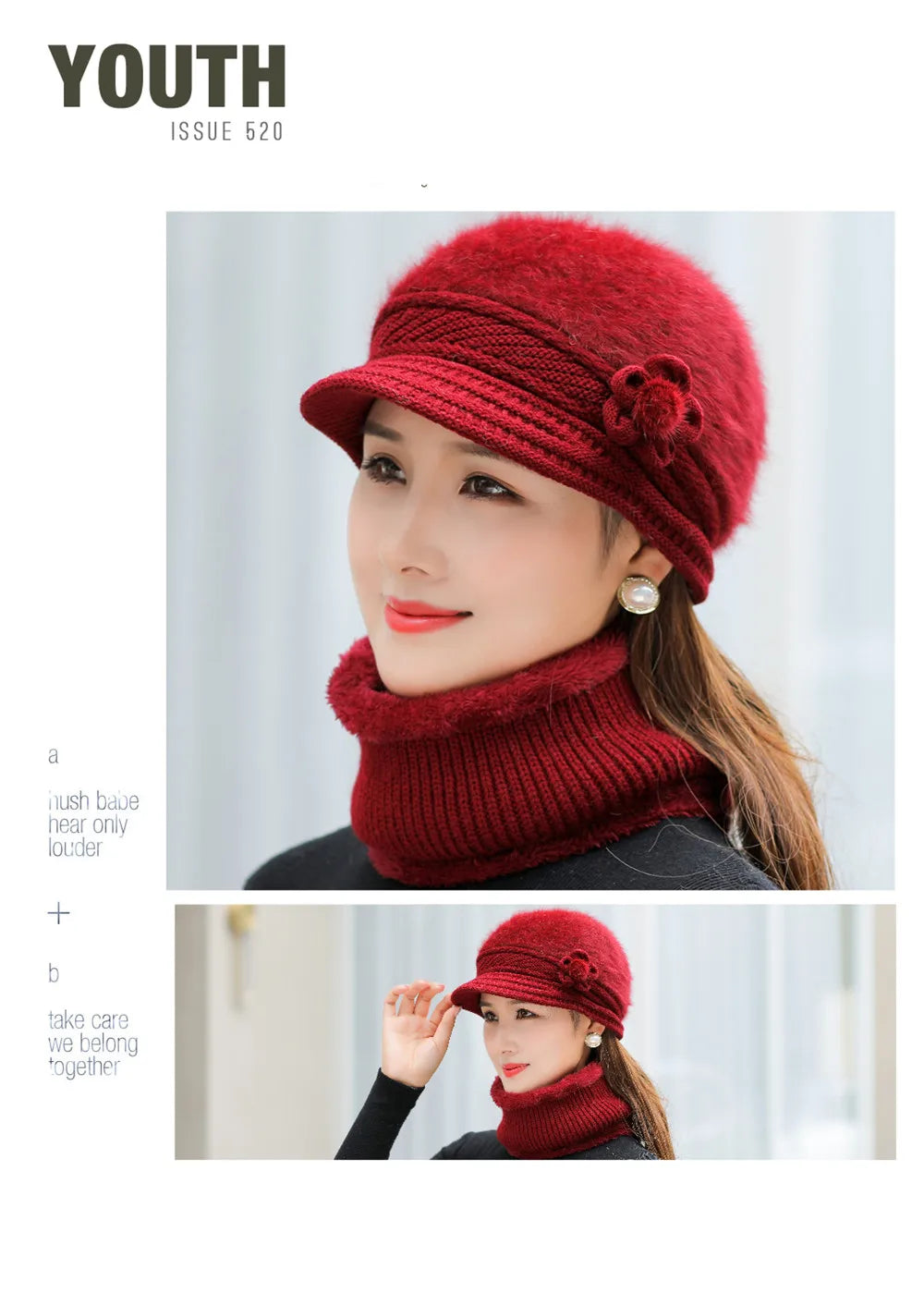 Women's Knitted Winter Hat & Scarf Set - Faux Fur Lined with Flower Detail | Acrylic Warm Cap