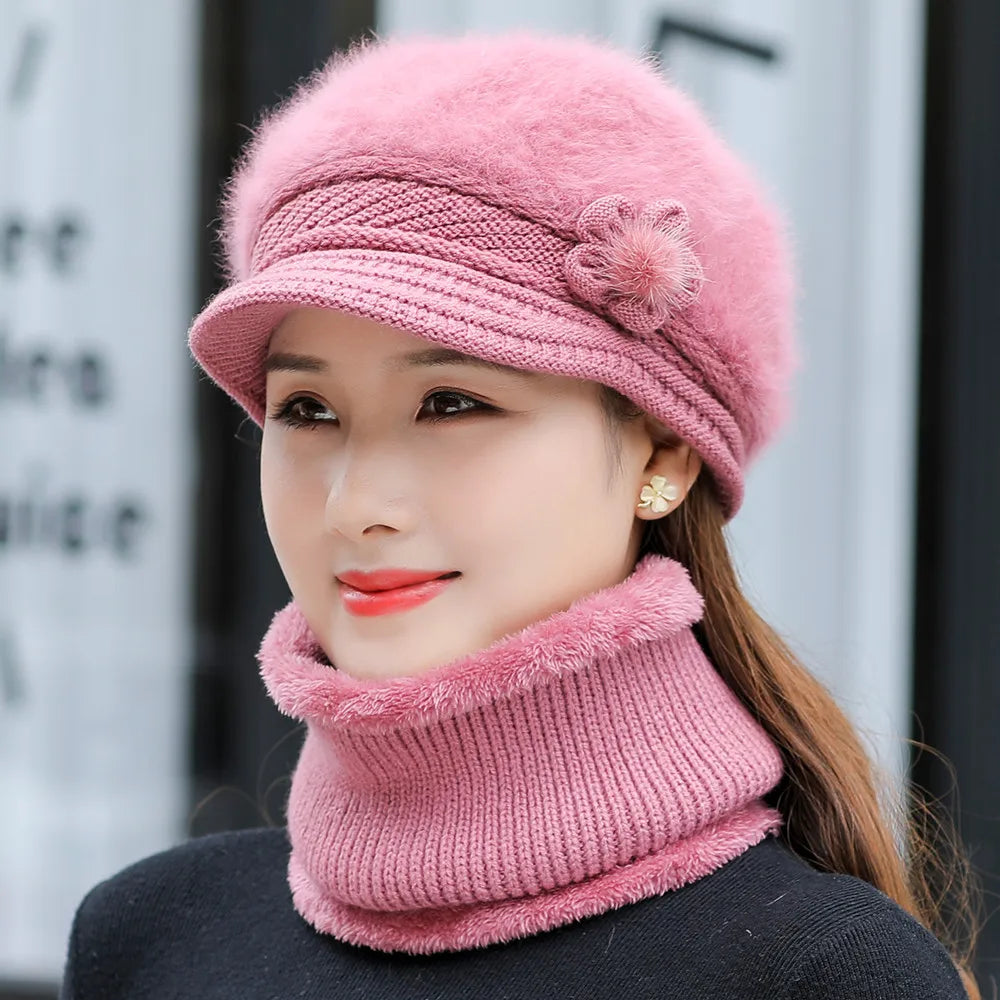 Women's Knitted Winter Hat & Scarf Set - Faux Fur Lined with Flower Detail | Acrylic Warm Cap
