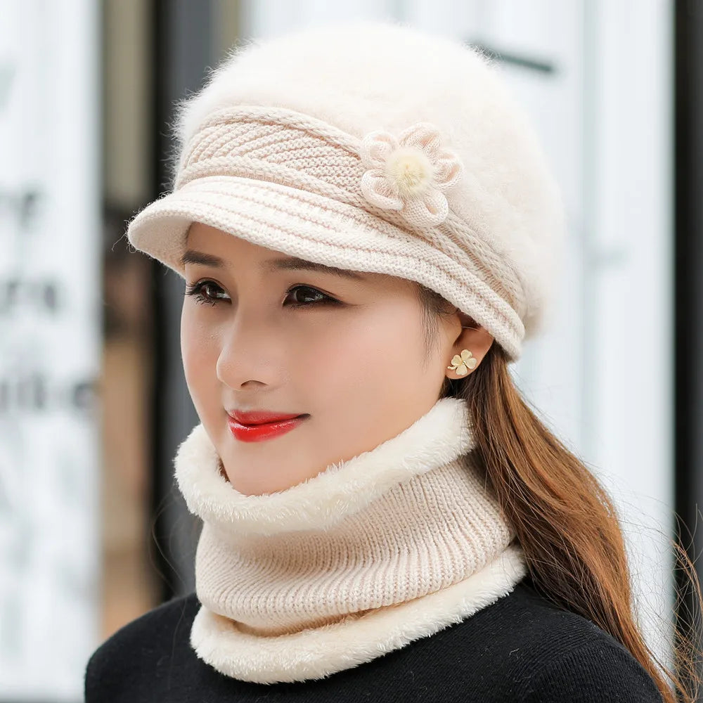 Women's Knitted Winter Hat & Scarf Set - Faux Fur Lined with Flower Detail | Acrylic Warm Cap