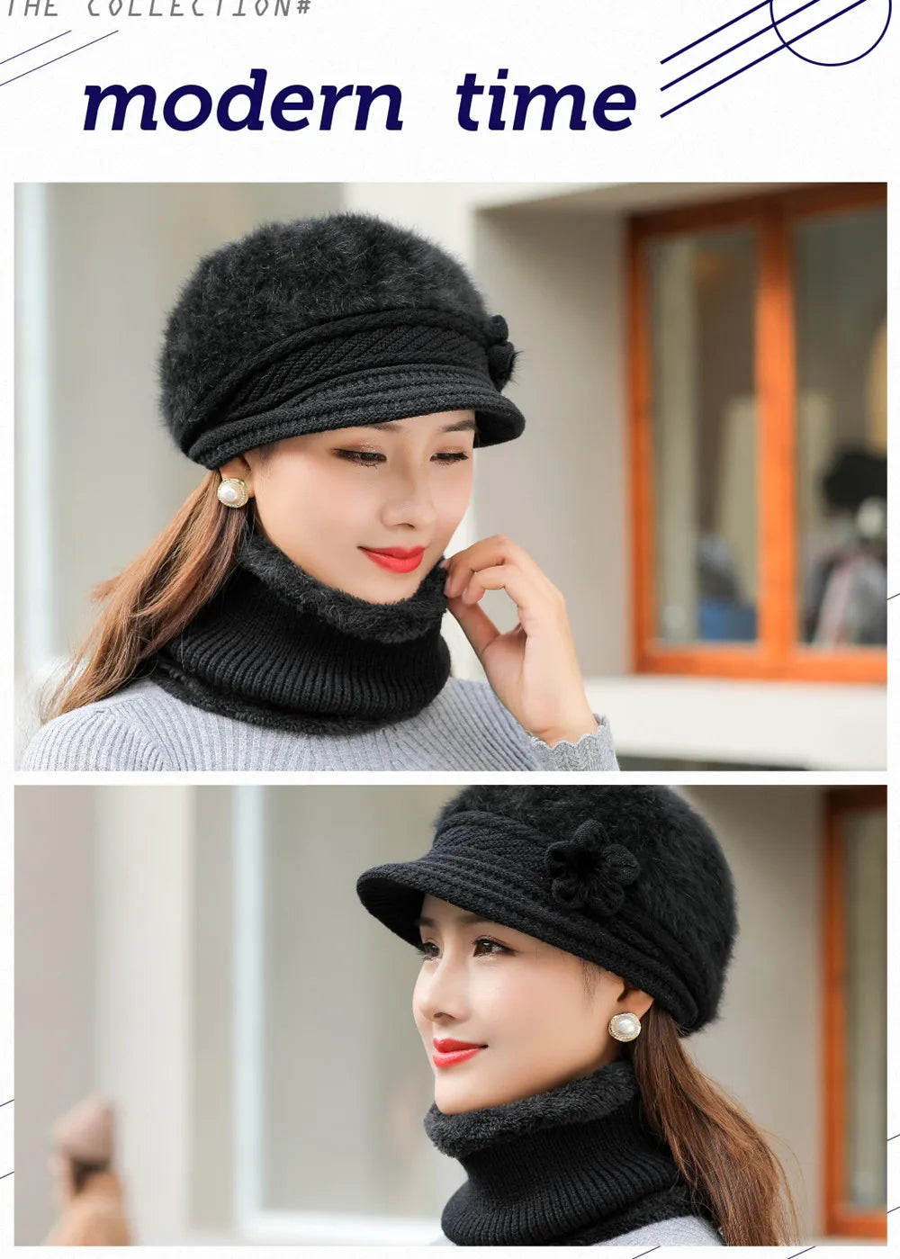 Women's Knitted Winter Hat & Scarf Set - Faux Fur Lined with Flower Detail | Acrylic Warm Cap