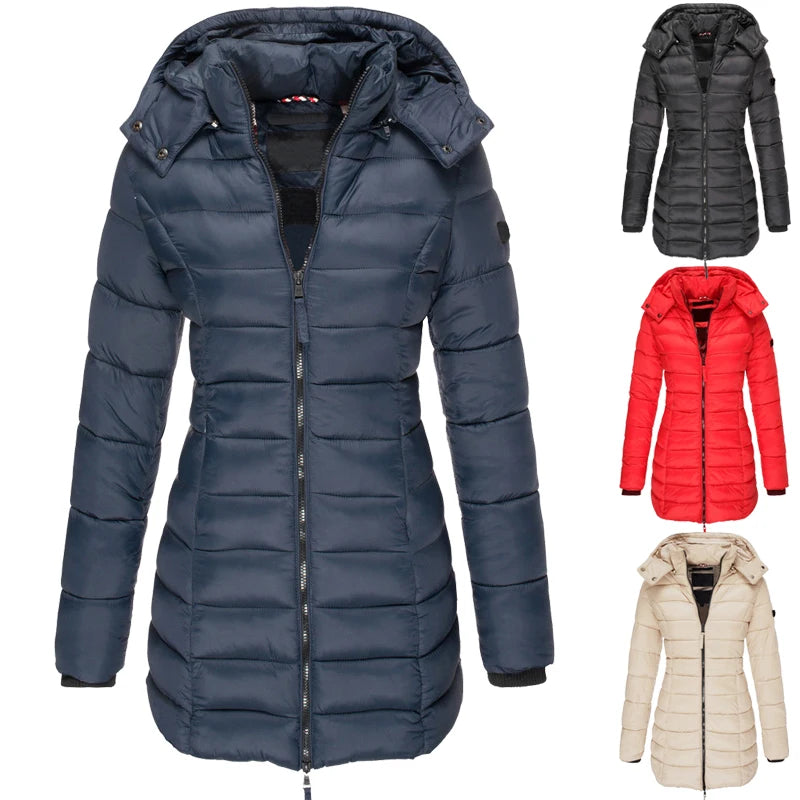Women's Slim-Fit Hooded Zipper Padded Jacket-Warm Cotton/Polyester Parka