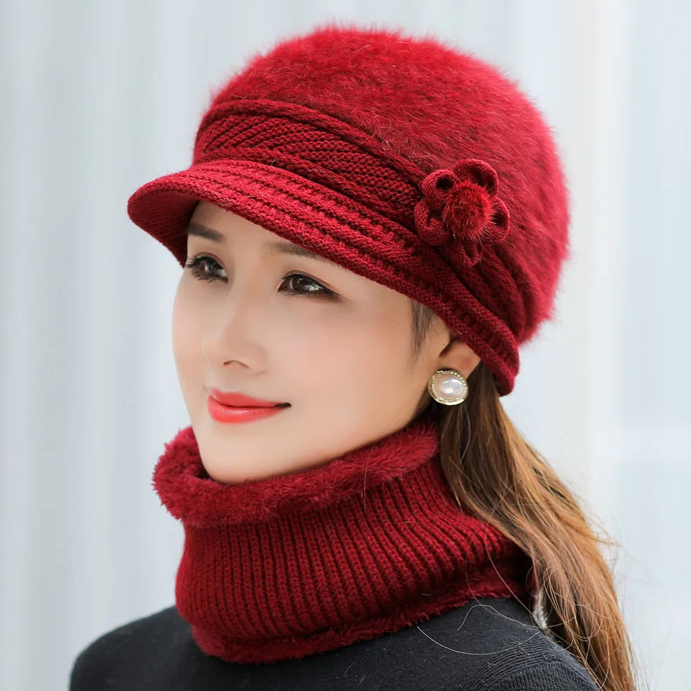 Women's Knitted Winter Hat & Scarf Set - Faux Fur Lined with Flower Detail | Acrylic Warm Cap