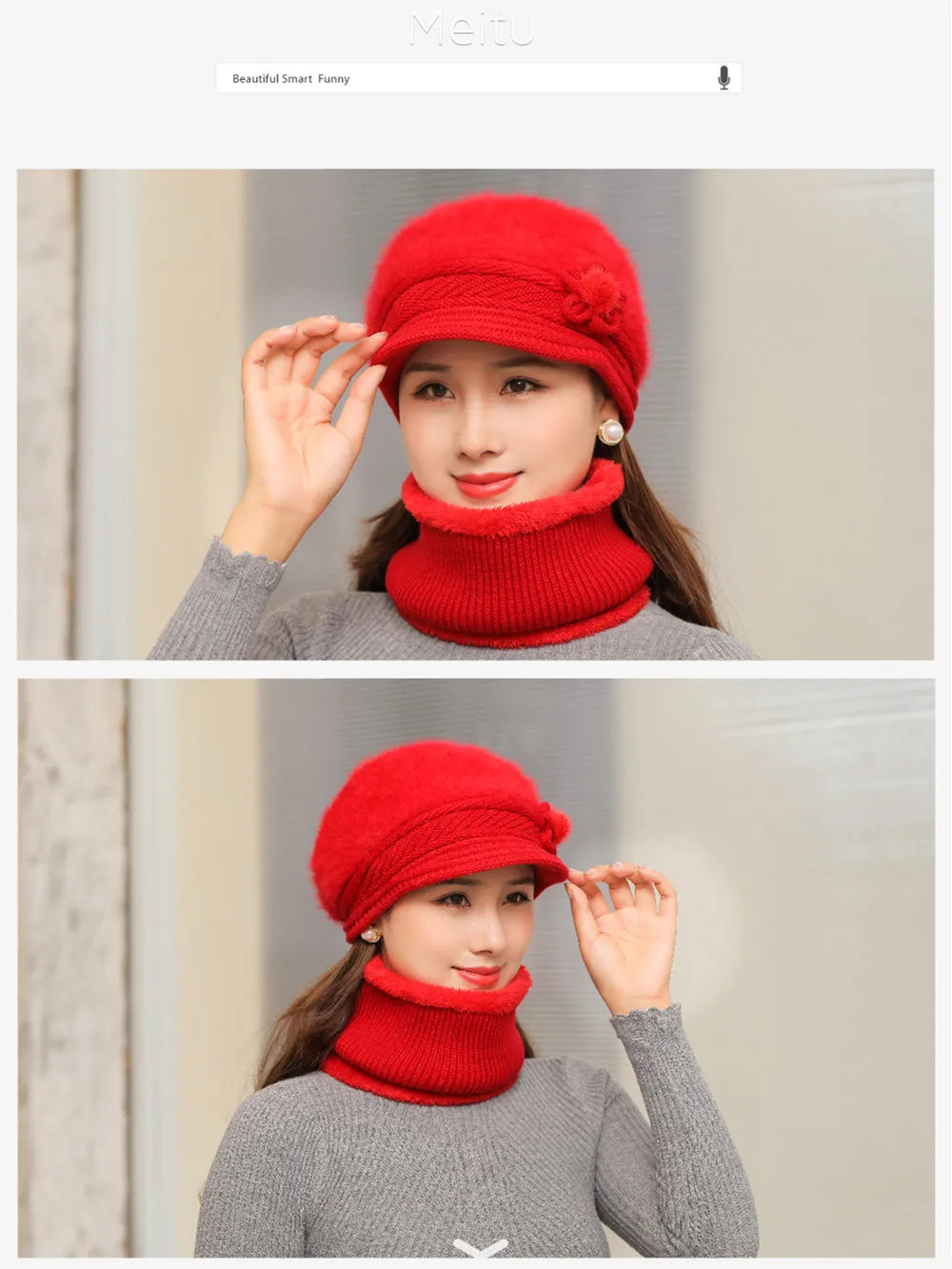 Women's Knitted Winter Hat & Scarf Set - Faux Fur Lined with Flower Detail | Acrylic Warm Cap