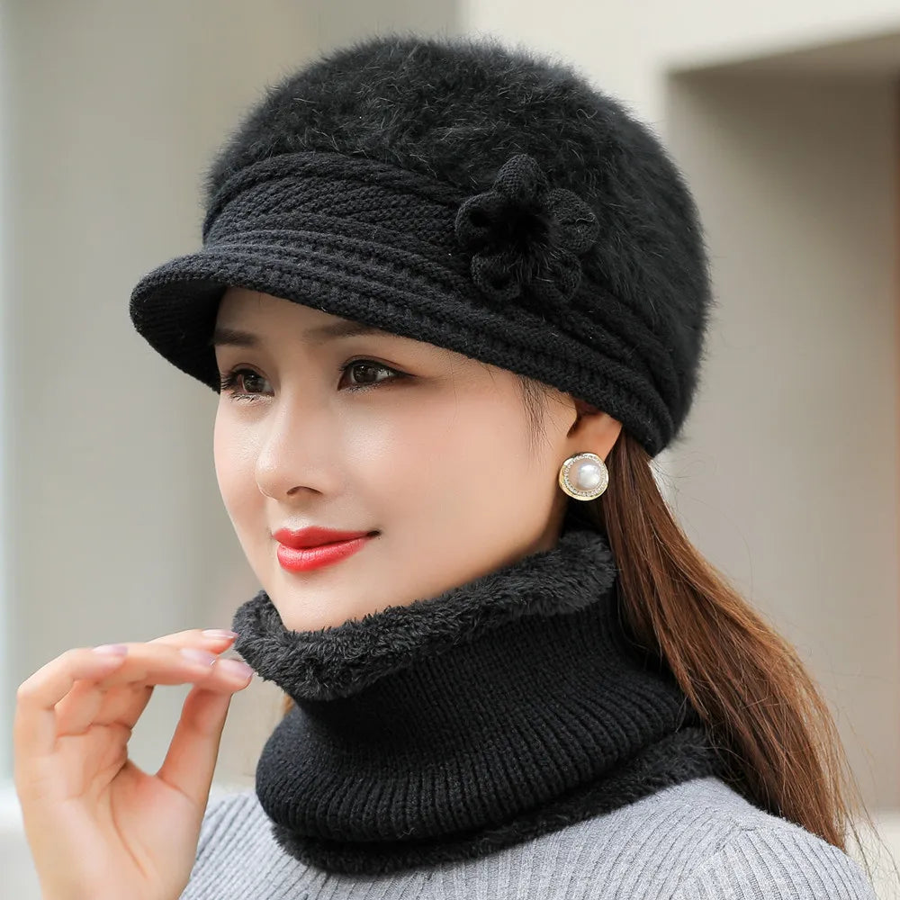 Women's Knitted Winter Hat & Scarf Set - Faux Fur Lined with Flower Detail | Acrylic Warm Cap
