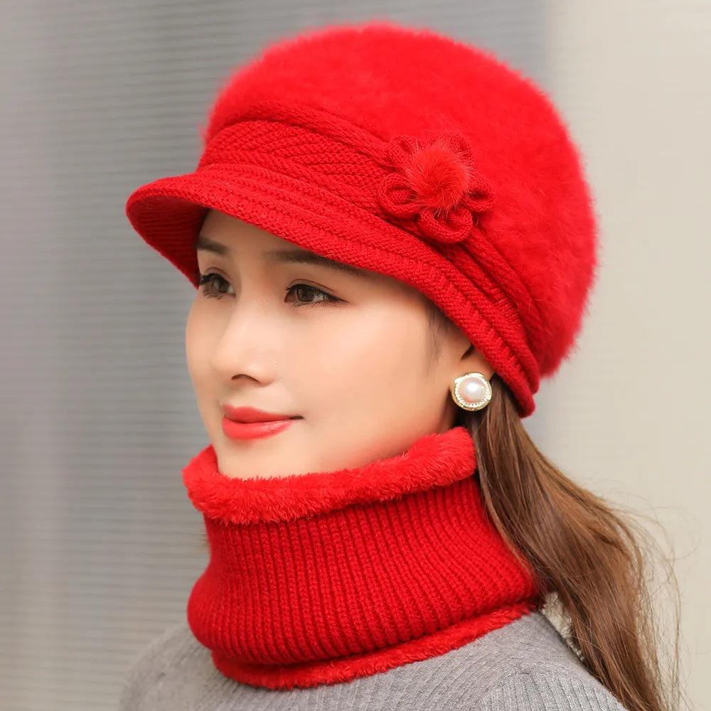 Women's Knitted Winter Hat & Scarf Set - Faux Fur Lined with Flower Detail | Acrylic Warm Cap