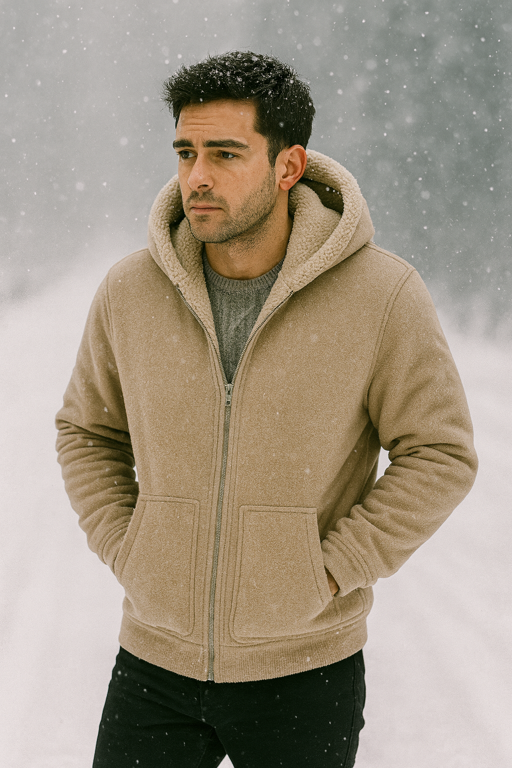 Men's Cashmere Plush Lined Sweatshirt Coat - Warm Zipper Lamb Wool Jacket with Front Pockets