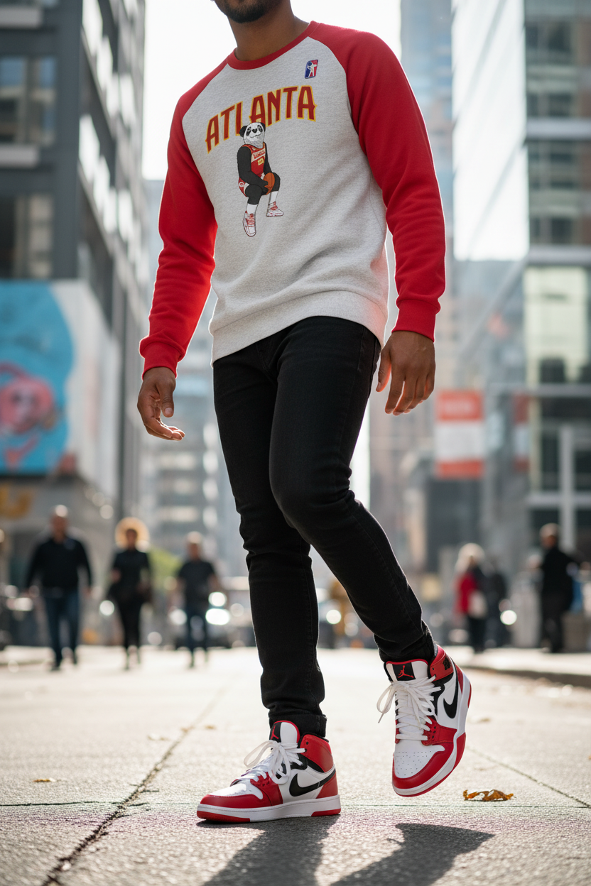 Men's Atlanta Panda Allstar Raglan Sweatshirt - Cotton Poly Terry Fleece | Basketball Fan Apparel