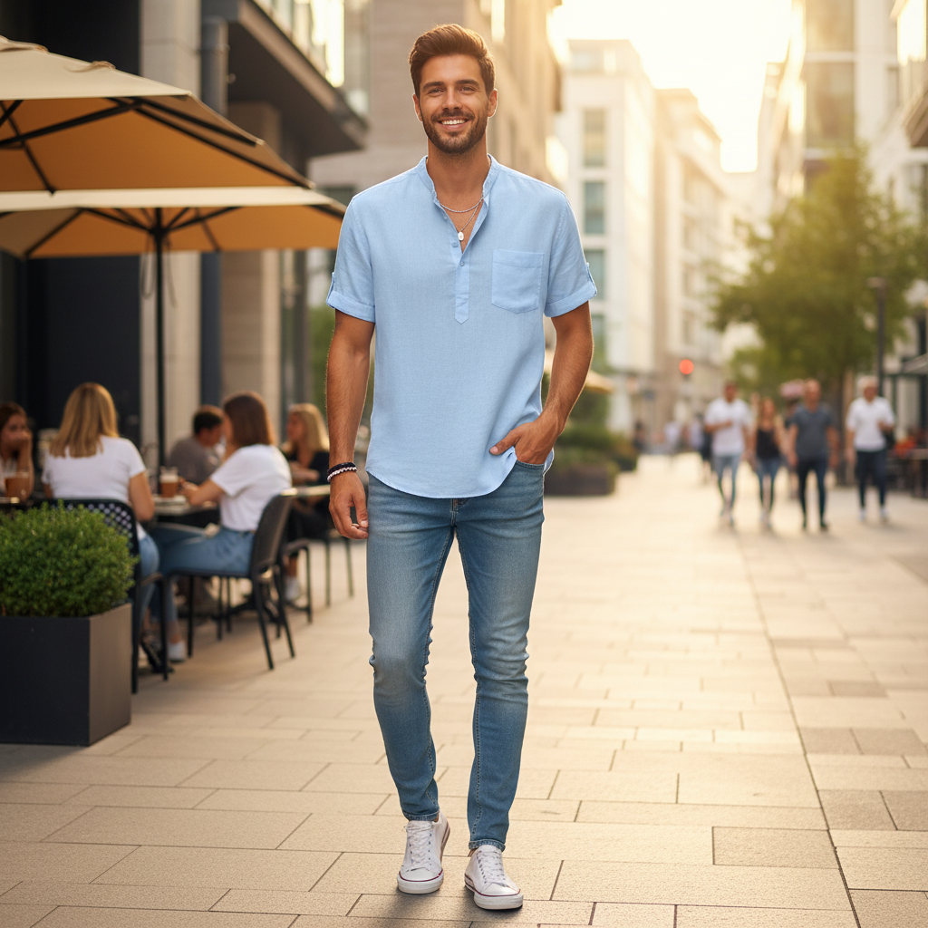 Men's Casual Henley Collar Shirt | Short Sleeve Cotton Linen Summer Top – FURCW