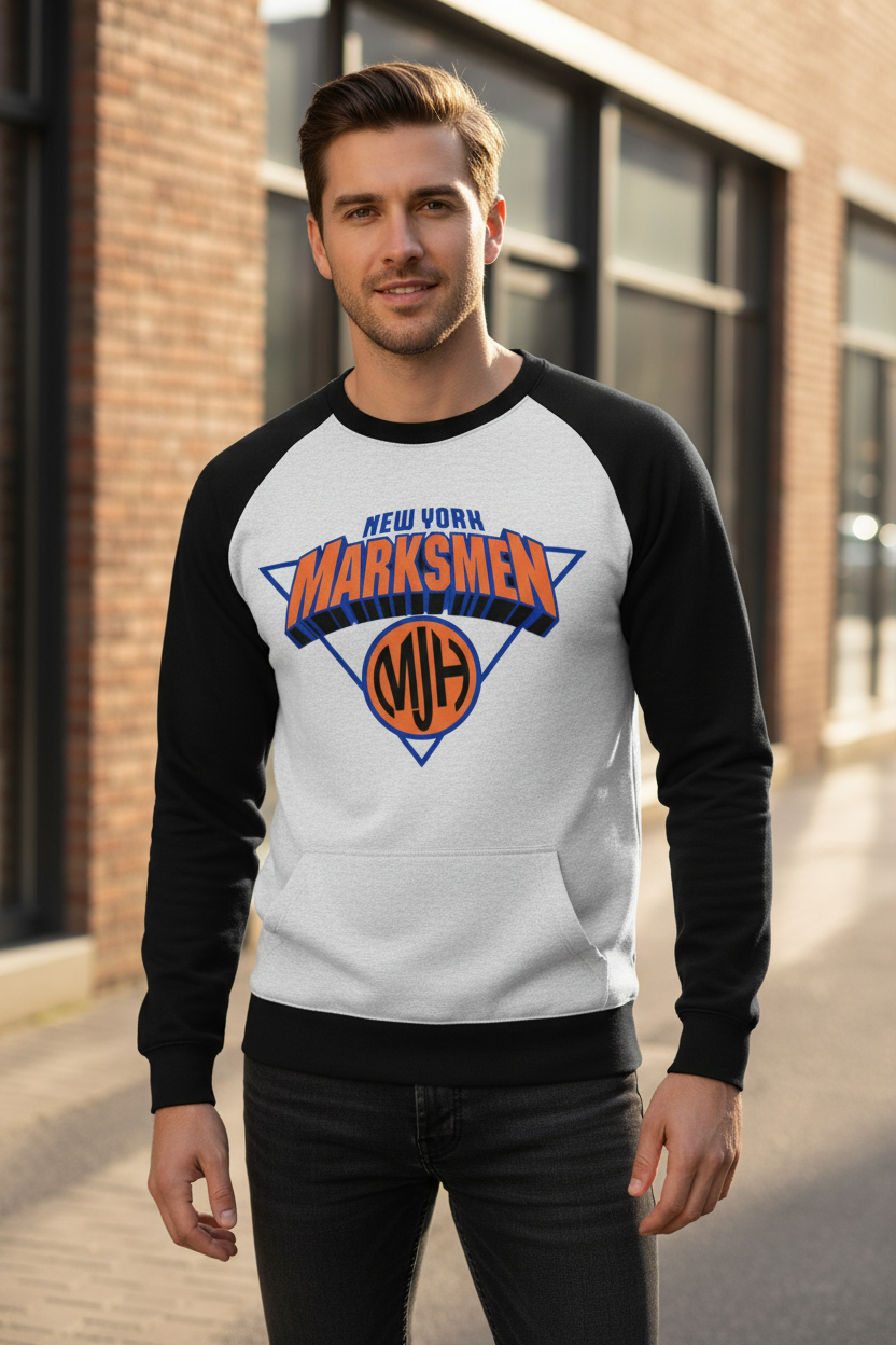 Men's New York Marksmen Raglan Sweatshirt - Cotton Poly Blend Terry Fleece | Basketball Fan Apparel