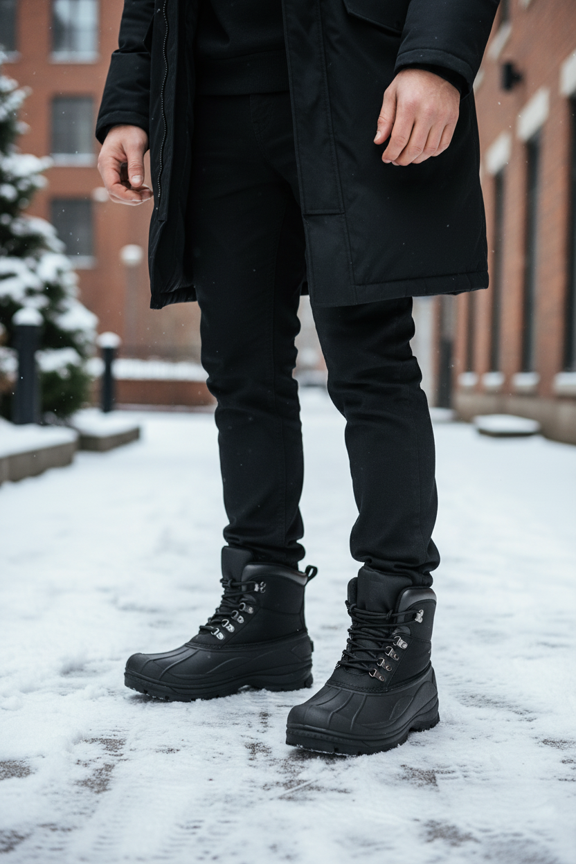 Men's Waterproof Winter Boots - Lace-Up Insulated Snow Boots - Durable Nylon Outdoor Footwear