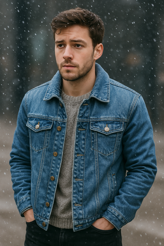 Men's Washed Denim Jacket - Casual Single Breasted Cardigan with Turn Down Collar & Pockets