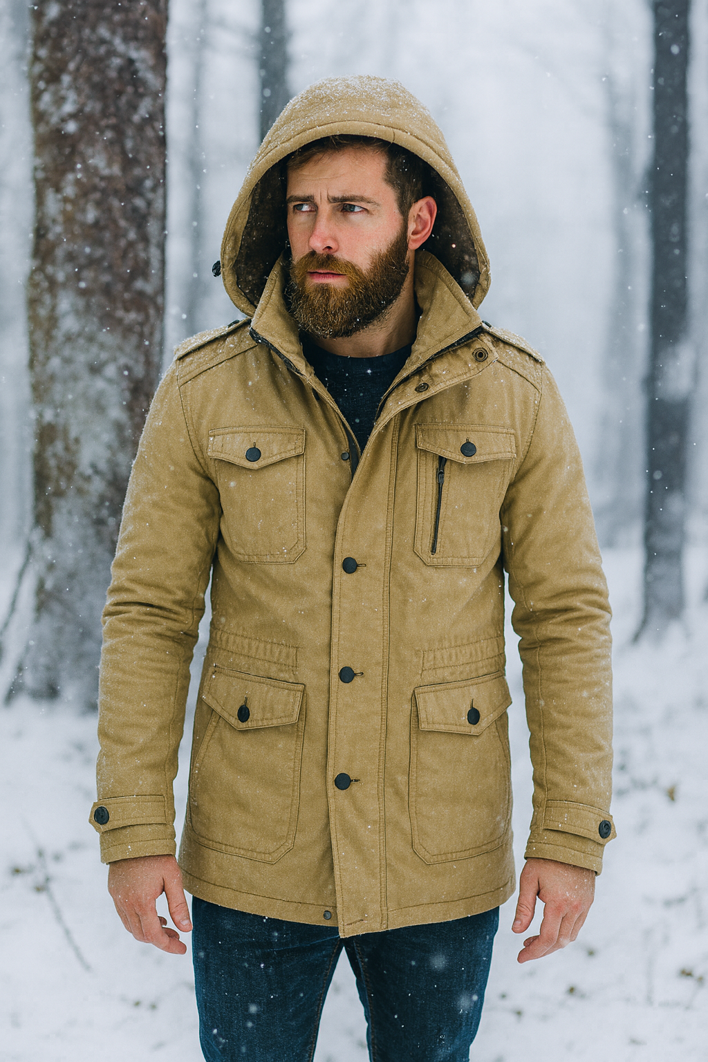 Men's Military Style Hooded Coat with Inner Fur Lining