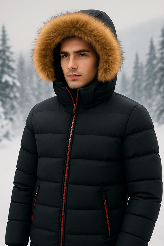 Men's Two-Tone Puffer Jacket with Removable Hood