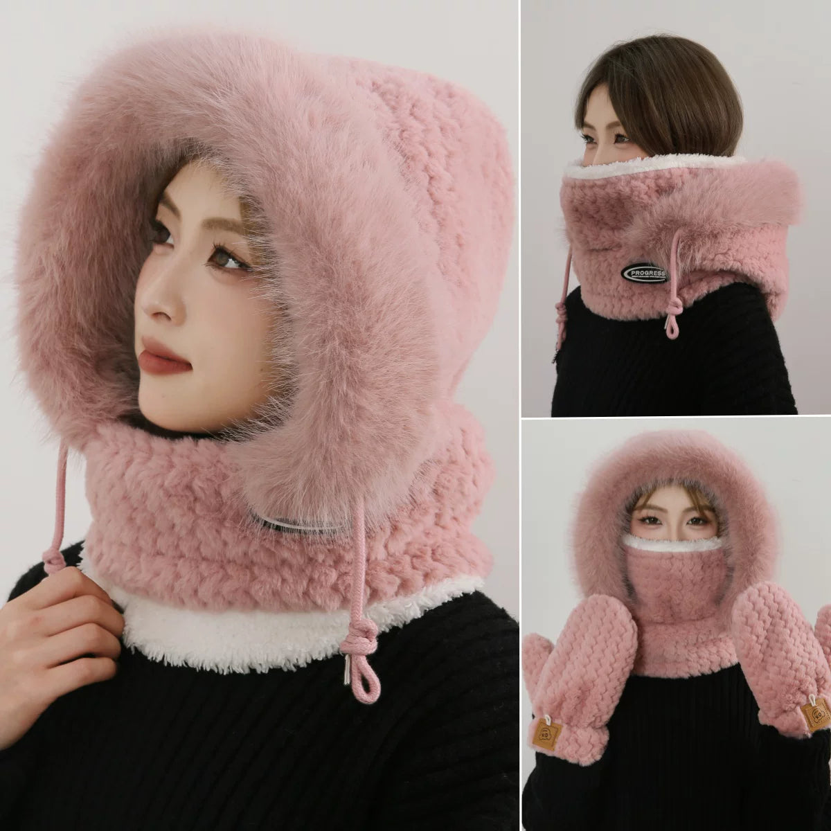 Women's Cozy Plush Winter Hood Scarf Set - All-in-One Hat, Scarf & Gloves | Polyester Cold-Proof Gear