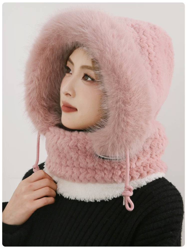 Women's Cozy Plush Winter Hood Scarf Set - All-in-One Hat, Scarf & Gloves | Polyester Cold-Proof Gear