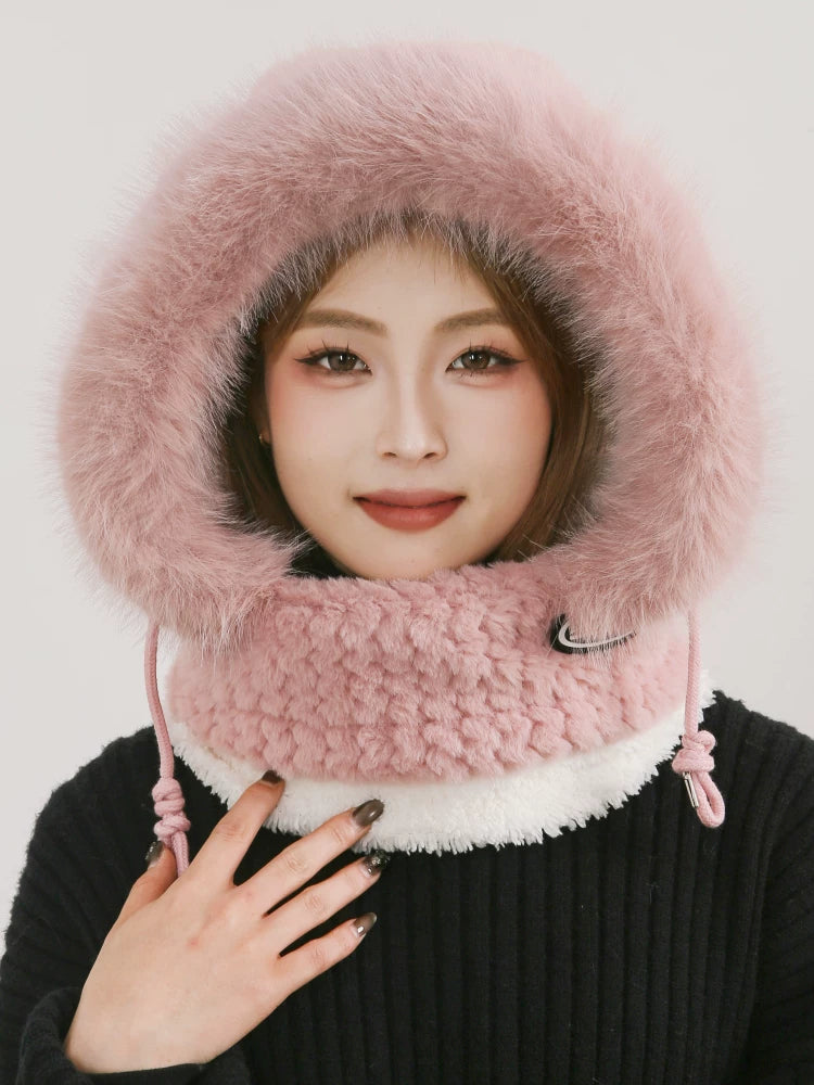 Women's Cozy Plush Winter Hood Scarf Set - All-in-One Hat, Scarf & Gloves | Polyester Cold-Proof Gear