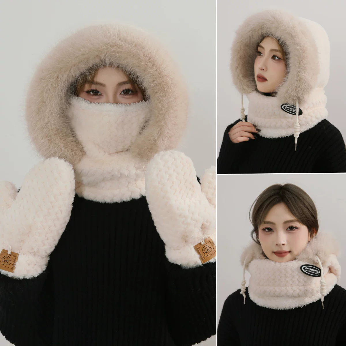 Women's Cozy Plush Winter Hood Scarf Set - All-in-One Hat, Scarf & Gloves | Polyester Cold-Proof Gear