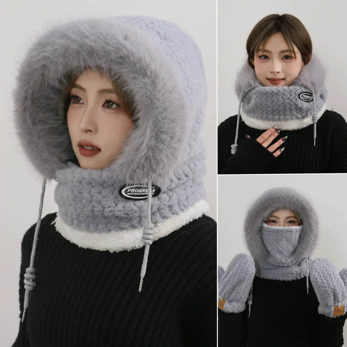 Women's Cozy Plush Winter Hood Scarf Set - All-in-One Hat, Scarf & Gloves | Polyester Cold-Proof Gear