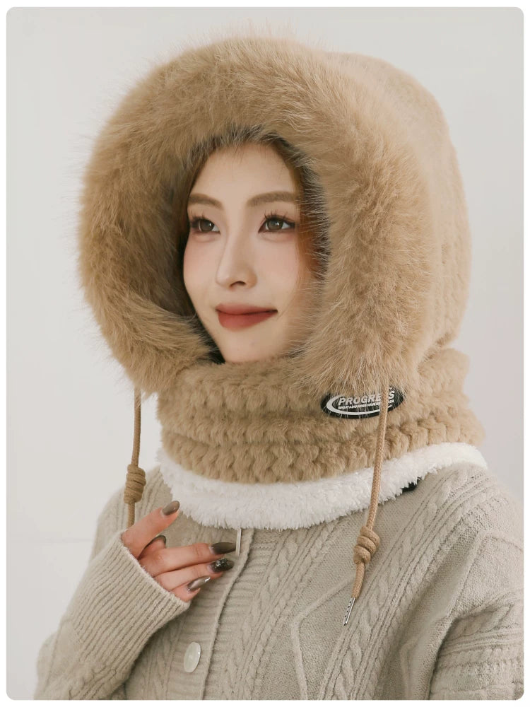 Women's Cozy Plush Winter Hood Scarf Set - All-in-One Hat, Scarf & Gloves | Polyester Cold-Proof Gear