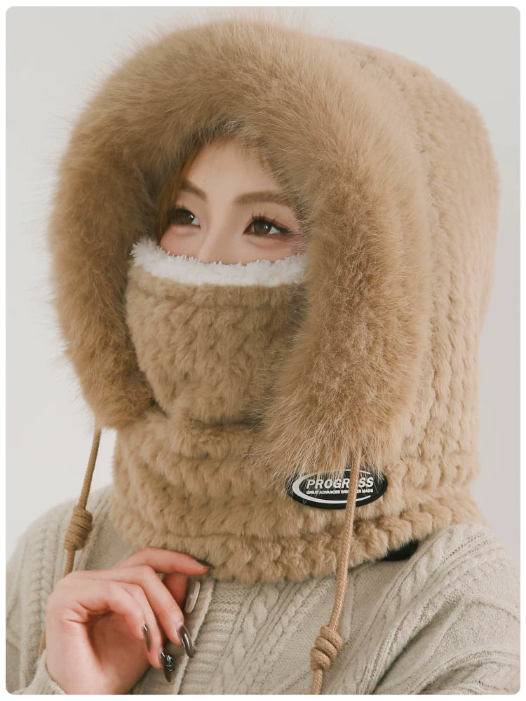 Women's Cozy Plush Winter Hood Scarf Set - All-in-One Hat, Scarf & Gloves | Polyester Cold-Proof Gear