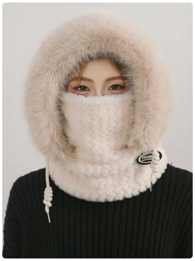 Women's Cozy Plush Winter Hood Scarf Set - All-in-One Hat, Scarf & Gloves | Polyester Cold-Proof Gear