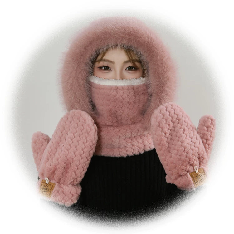 Women's Cozy Plush Winter Hood Scarf Set - All-in-One Hat, Scarf & Gloves | Polyester Cold-Proof Gear