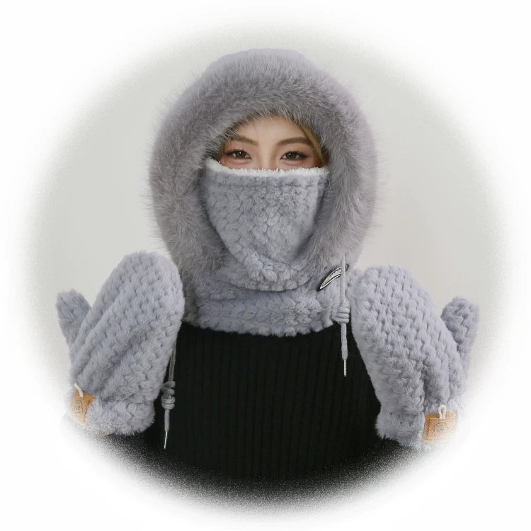 Women's Cozy Plush Winter Hood Scarf Set - All-in-One Hat, Scarf & Gloves | Polyester Cold-Proof Gear